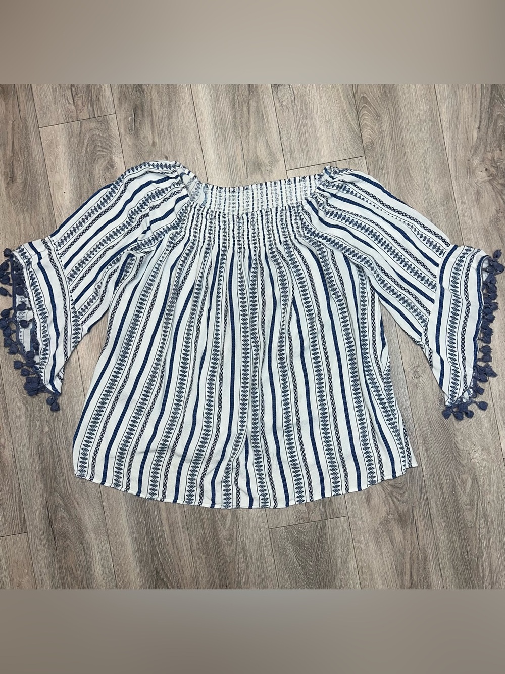 Striped Blue Tunic Flow Flare Tassel Sleeve Swim Suit Cover BOHO OS